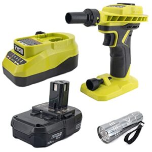 ryobi p738t high volume air inflator bundle; 18-volt one+ lithium-ion cordless power inflator with (1) 1.5 ah battery and (1) 18-volt charger and buho flashlight