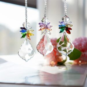 H&D HYALINE & DORA Glass Crystal Rainbow Angel Ornament Chakra Hanging Suncatcher Window Sun Catcher with Baroque Maple Leaf Pendant for Gift, Pack of 3