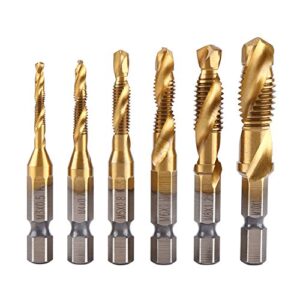 6pcs tap drill bits set, hss m3-m10 coated combination 1/4" hex shank screw thread metric tap drill