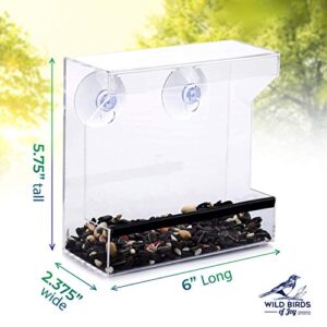 Wild Birds of Joy Window Bird Feeder with Strong Suction Cups and Seed Tray with Drain Holes, Small, Compact, Clear Acrylic, Easy Clean, Outside Feeders for Transparent Viewing
