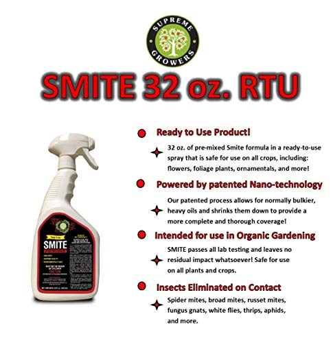 Supreme Growers Smite Spider Mite Killer, All Natural Pesticide, Non-Toxic, Biodegradable, Organic Eco Friendly Pest Control (32oz Ready to Use Spray Bottle)