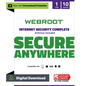 webroot internet security complete | antivirus software 2023 |10 device | 1 year download for pc/mac/chromebook/android/ios + password manager, performance optimizer & cloud backup