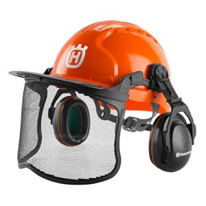 husqvarna chainsaw helmet with metal mesh face shield, adjustable ear muffs for hearing protection, and sun peak, hdpe forestry helmet shell, orange