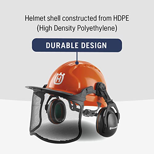 Husqvarna Chainsaw Helmet with Metal Mesh Face Shield, Adjustable Ear Muffs for Hearing Protection, and Sun Peak, HDPE Forestry Helmet Shell, Orange
