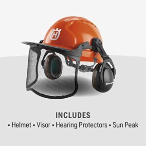 Husqvarna Chainsaw Helmet with Metal Mesh Face Shield, Adjustable Ear Muffs for Hearing Protection, and Sun Peak, HDPE Forestry Helmet Shell, Orange