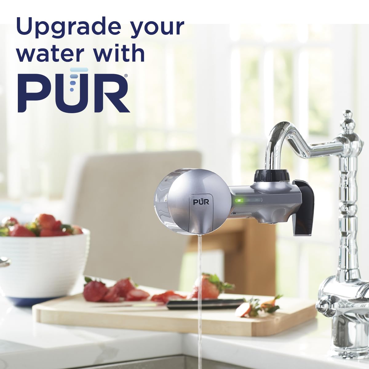 PUR PLUS Faucet Mount Water Filtration System, 3-in-1 Powerful, Natural Mineral Filtration with Lead Reduction, Horizontal, Metallic Grey, PFM350V