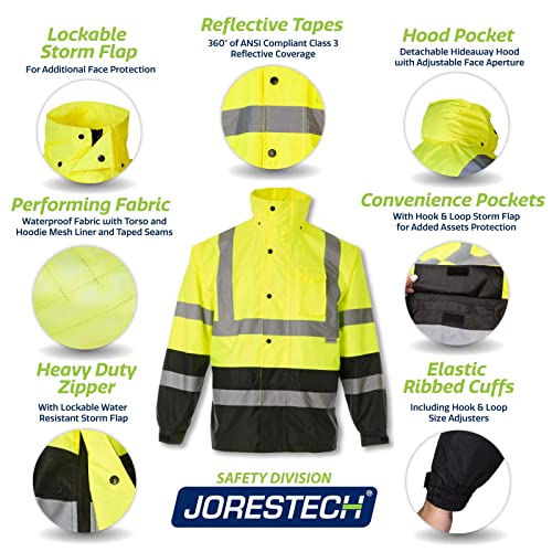 JORESTECH High Visibility Light Weight Waterproof Rain Jacket ANSI/ISEA 107-2015 Class 3 Level 2 Yellow/Black JK-03-YLBK (XL)