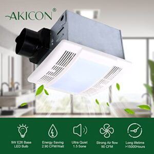 Akicon Bathroom Exhaust Fan with Light, Ultra Quiet 90 CFM 1.5 Sones Ventilation Exhaust Bathroom Fan Light Combo, Powerful Ventilation Fan for Bathroom and Home, 3 Years Warranty