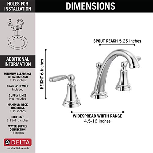 Delta Faucet Woodhurst Widespread Bathroom Faucet Chrome, Bathroom Faucet 3 Hole, Bathroom Sink Faucet, Metal Drain Assembly, Chrome 3532LF