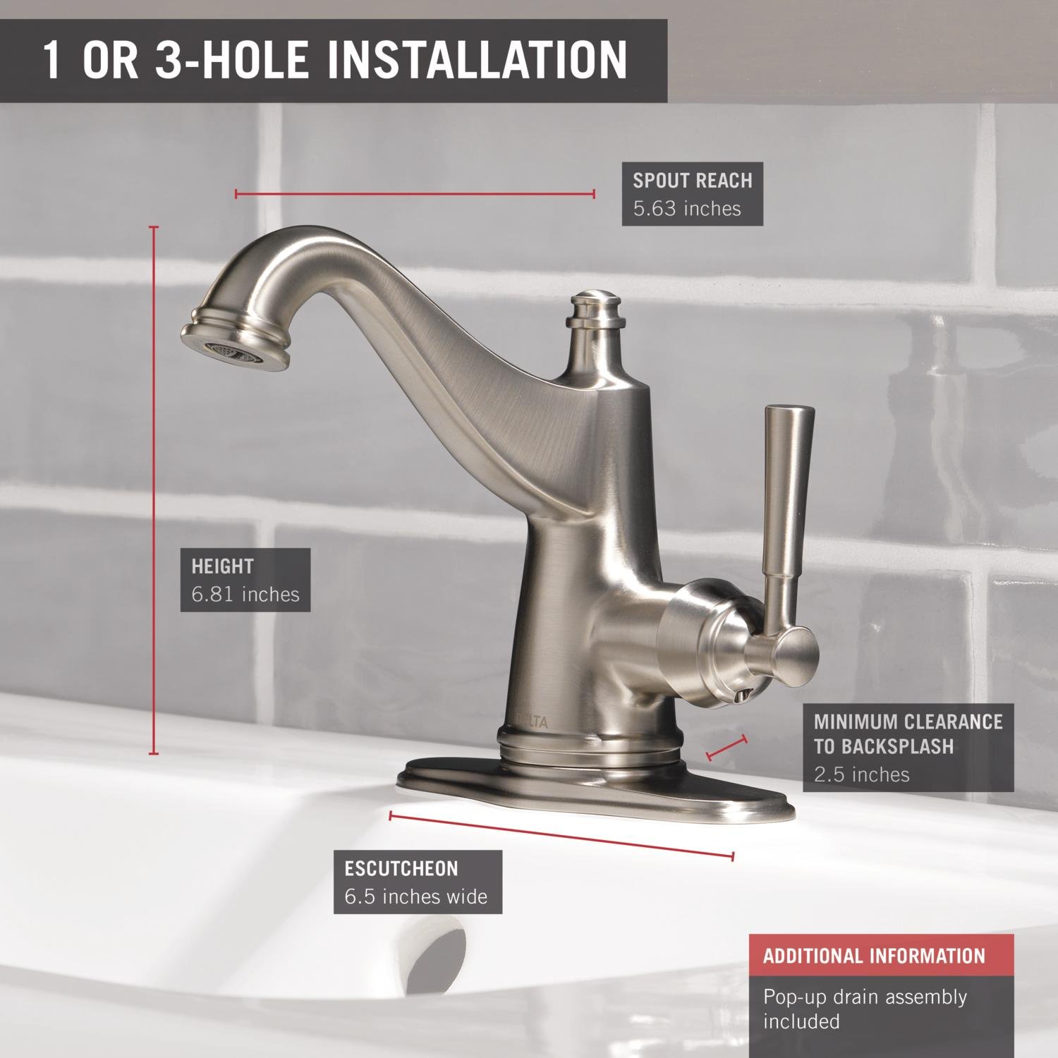 Delta Faucet Mylan Single Hole Bathroom Faucet Brushed Nickel, Single Handle, Drain Assembly, Worry-Free Drain Catch, SpotShield Brushed Nickel 15777LF-SP