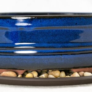 bigsnowball 8" Oval Dark Blue Bonsai/Cactus & Succulent Pot + Tray + Rock + Mesh Combo