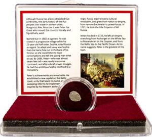 1662 ru russian silver wire money of peter the great kopek coin in clear box and story-certificate.1662-1725 story-certificate.1662-1725 12mm very good