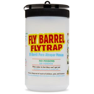 flies be gone barrel fly trap - reusable container with patent pending screw lid – 2 non-toxic, poison and pesticides free km34 fly attractant packs - for outdoor home and commercial use