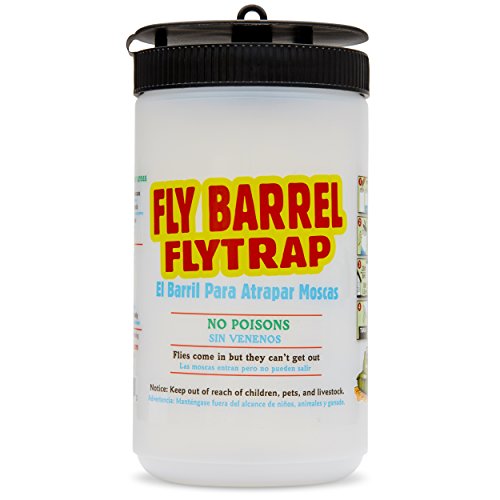 Flies Be Gone Barrel Fly Trap - Reusable Container with Patent Pending Screw Lid – 2 Non-Toxic, Poison and Pesticides Free KM34 Fly Attractant Packs - for Outdoor Home and Commercial Use