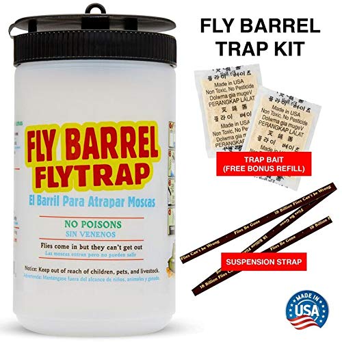 Flies Be Gone Barrel Fly Trap - Reusable Container with Patent Pending Screw Lid – 2 Non-Toxic, Poison and Pesticides Free KM34 Fly Attractant Packs - for Outdoor Home and Commercial Use