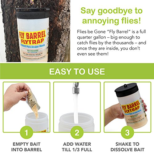 Flies Be Gone Barrel Fly Trap - Reusable Container with Patent Pending Screw Lid – 2 Non-Toxic, Poison and Pesticides Free KM34 Fly Attractant Packs - for Outdoor Home and Commercial Use