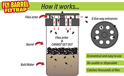 Flies Be Gone Barrel Fly Trap - Reusable Container with Patent Pending Screw Lid – 2 Non-Toxic, Poison and Pesticides Free KM34 Fly Attractant Packs - for Outdoor Home and Commercial Use