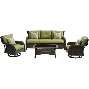 hanover strathmere 4-piece outdoor patio deep seating lounge set with sofa, 2 swivel chairs with thick foam cushions, four accent pillows and a glass-top coffee table
