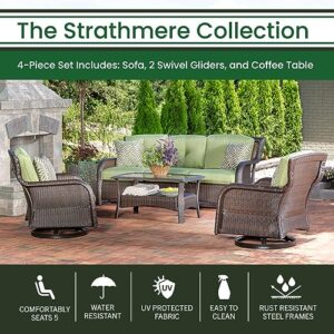 Hanover Strathmere 4-Piece Outdoor Patio Deep Seating Lounge Set with Sofa, 2 Swivel Chairs with Thick Foam Cushions, Four Accent Pillows and a Glass-Top Coffee Table