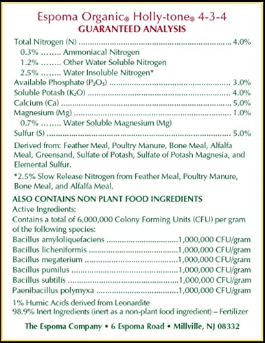 Espoma Organic Holly-Tone 4-3-4 Natural & Organic Evergreen & Azalea Plant Food; 4 lb. Bag; The Original & Best Fertilizer for All Acid Loving Plants Including Rhododendrons & Hydrangeas. Pack of 2