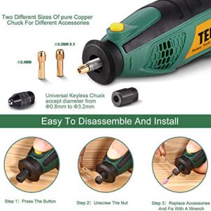 TECCPO Rotary Tool Kit 1.5 amp, 6 Variable Speed with Flex shaft, Universal Keyless Chuck, 84 Accessories, Cutting Guide, Auxiliary Handle and Carrying Case, Multi-functional for Crafting Projects