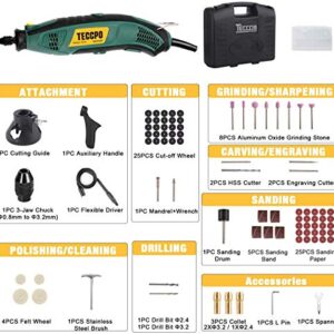 TECCPO Rotary Tool Kit 1.5 amp, 6 Variable Speed with Flex shaft, Universal Keyless Chuck, 84 Accessories, Cutting Guide, Auxiliary Handle and Carrying Case, Multi-functional for Crafting Projects