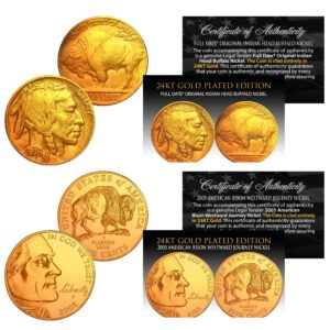 then & now buffalo 5-cent 24k gold plated 2-coin set - 1930s & 2005 nickels bogo