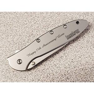 Custom Laser Engraved Kershaw Leek Knife 1660 Silver Handle with Silver Fine Edge Blade