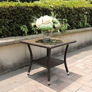 Super Patio Outdoor Patio Wicker End Table Rattan Square Glass Top Wicker Coffee Table Side Storage Table, Aluminum Frame, Espresso Brown