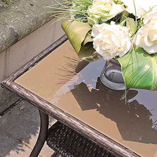 Super Patio Outdoor Patio Wicker End Table Rattan Square Glass Top Wicker Coffee Table Side Storage Table, Aluminum Frame, Espresso Brown