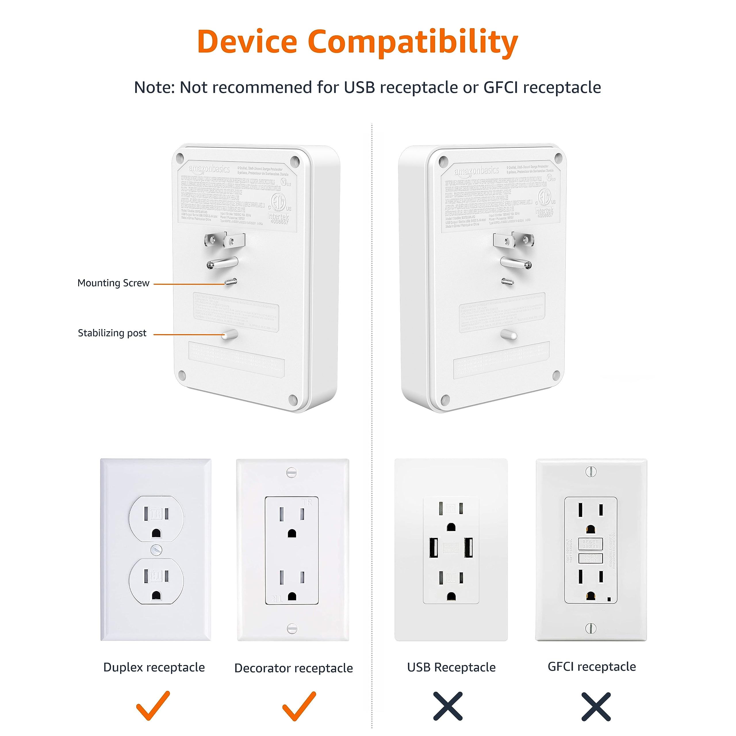 Amazon Basics 6 Outlet Rectangle Wall-Mount Surge Protector, 1080 Joules