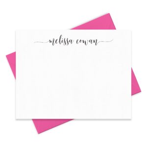 personalized stationery note cards for women with name in calligraphy script font - boxed flat notecard stationary set, choose your colors and set size | fairmont & grove paper co.