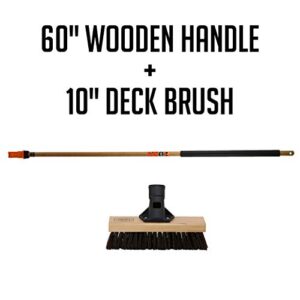 SWOPT 10” Premium Rough Surface Scrub Brush + 60" EVA Foam Comfort Grip Wooden Handle, Combo — Stiff Bristle Cleaning Brush with Interchangeable Long Handle — Clean Outdoor Surfaces Comfortably