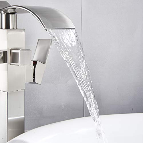 Senlesen Barthroom Tub Filler Faucet Floor Mounted Bathtub Shower Faucet Waterfall Spout Free Standing Tub Mixer Tap with Handheld Sprayer Brushed Nickel