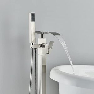 Senlesen Barthroom Tub Filler Faucet Floor Mounted Bathtub Shower Faucet Waterfall Spout Free Standing Tub Mixer Tap with Handheld Sprayer Brushed Nickel