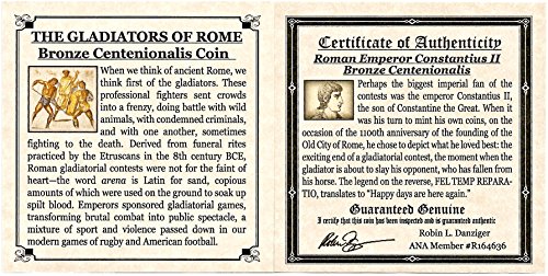 300 IT Roman Centenionalis Constantius II Gladiator Coin Mini Album,Story Card & Certificate 18mm Very Good