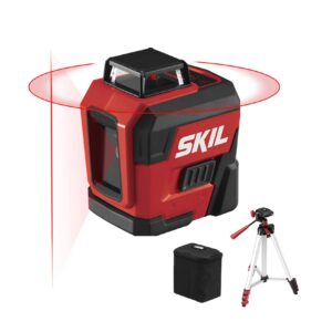 skil 65ft. 360° red self-leveling cross line laser level with horizontal and vertical lines rechargeable lithium battery usb charging port, compact tripod & carry bag included - ll932201