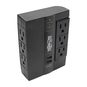 tripp lite 6 outlet surge protector power strip, 3 rotatable outlets, wall tap/direct plug in, 1200 joules, 2 usb charging ports, limited warranty & $20, 000 insurance (swivel6usb), black