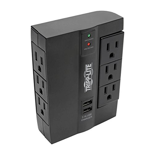 TRIPP LITE 6 Outlet Surge Protector Power Strip, 3 Rotatable Outlets, Wall Tap/Direct Plug in, 1200 Joules, 2 USB Charging Ports, Limited Warranty & $20, 000 Insurance (SWIVEL6USB), Black