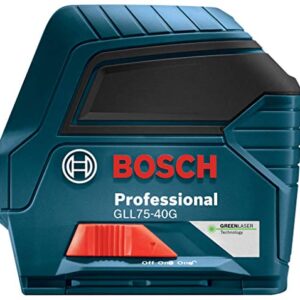 BOSCH GLL75-40G 75ft Green-Beam Self-Leveling Cross-Line Laser with VisiMax Technology, L-Bracket Adjustable Mounting Device and Carrying Pouch , Red