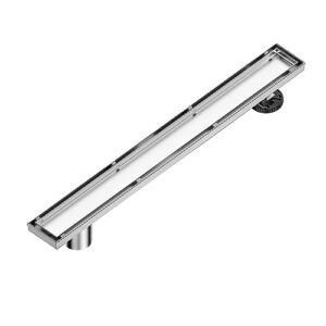 neodrain 24-inch offset linear shower drain with tile insert grate cover, brushed 304 stainless steel rectangle side outlet shower floor drain, adjustable leveling foot, hair strainer/catcher