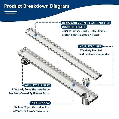 Neodrain 24-Inch Offset Linear Shower Drain with Tile Insert Grate Cover, Brushed 304 Stainless Steel Rectangle Side Outlet Shower Floor Drain, Adjustable Leveling Foot, Hair Strainer/Catcher