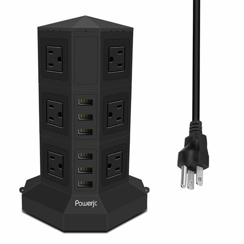 Tower Power Strip Surge Protector 12 AC Outlets with 6 Ports USB Chargers 10 Feet Long Extension Cord Indoor Black-Powerjc