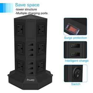 Tower Power Strip Surge Protector 12 AC Outlets with 6 Ports USB Chargers 10 Feet Long Extension Cord Indoor Black-Powerjc