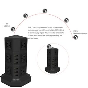 Tower Power Strip Surge Protector 12 AC Outlets with 6 Ports USB Chargers 10 Feet Long Extension Cord Indoor Black-Powerjc