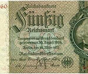 1933 DE EXCEPTIONAL LG NAZI 50 MARK NOTE w FAMED PRUSSIAN STATESMAN, ORNATE ENGRAVING, EMBOSSING, RARE WATERMARK - THE WORKS! 50 REICHSMARK SUPERB GEM CRISP UNCIRCULATED