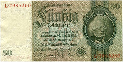 1933 DE EXCEPTIONAL LG NAZI 50 MARK NOTE w FAMED PRUSSIAN STATESMAN, ORNATE ENGRAVING, EMBOSSING, RARE WATERMARK - THE WORKS! 50 REICHSMARK SUPERB GEM CRISP UNCIRCULATED