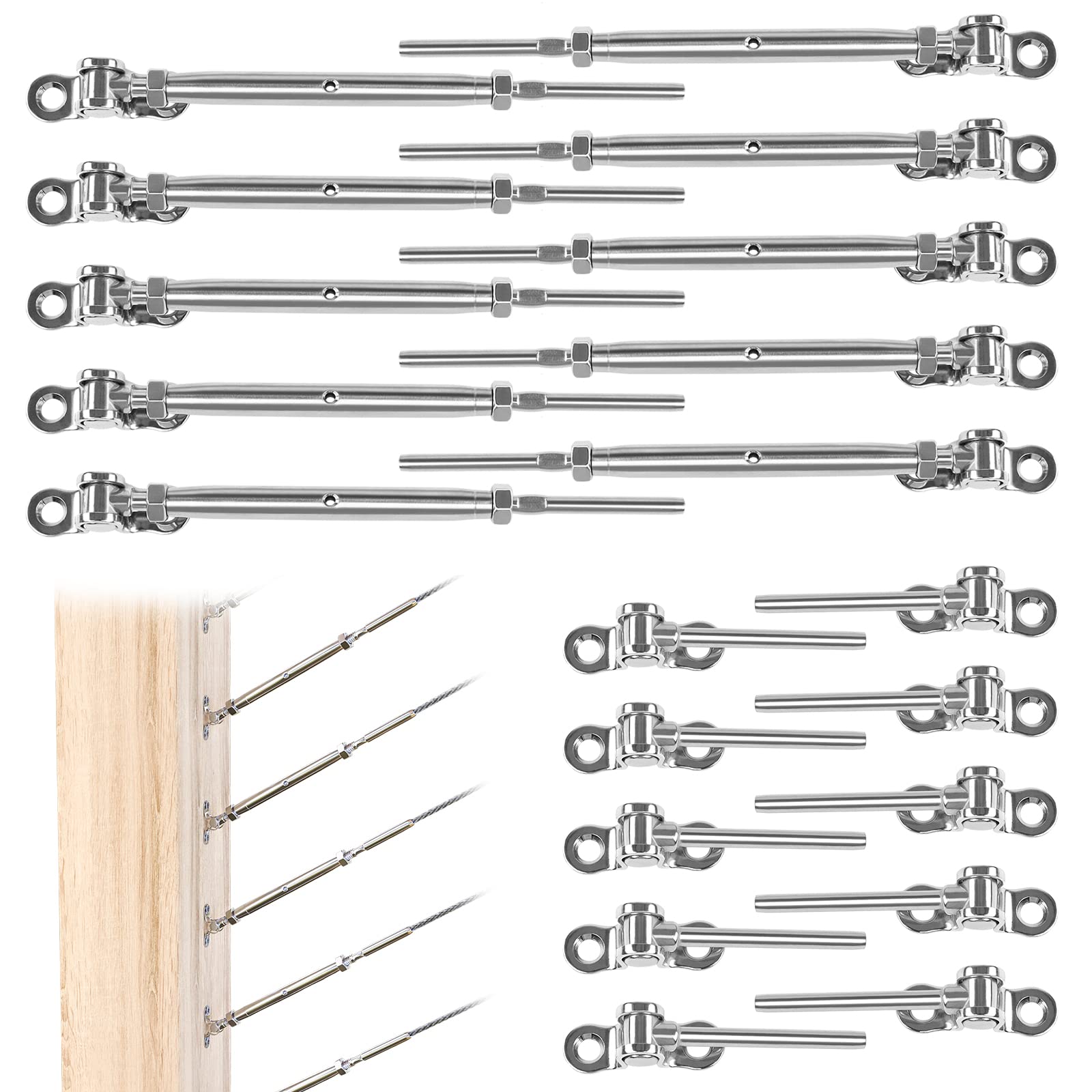 Muzata 10Pairs Cable Railing Kit 1/8" Swage Toggle Turnbuckle Hardware T316 Stainless Steel for Wood Post WoodEasy System Angle 180° Adjustable Stairs Deck 10 Cable Lines CK07 NN1,CA4 CA5…