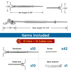 Muzata 10Pairs Cable Railing Kit 1/8" Swage Toggle Turnbuckle Hardware T316 Stainless Steel for Wood Post WoodEasy System Angle 180° Adjustable Stairs Deck 10 Cable Lines CK07 NN1,CA4 CA5…