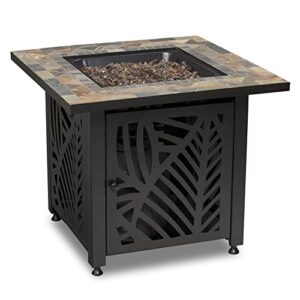 endless summer 30 inch square 50,000 btu lp gas outdoor fire pit table with slate tile mantel, cut out design, fire glass, and cover, brown multi